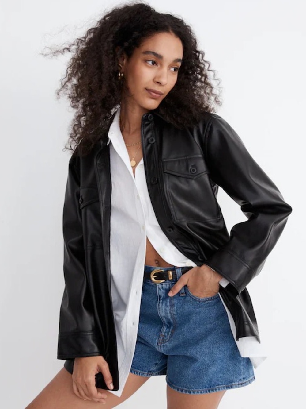 Madewell Faux Leather Oversized Shirt-Jacket In Black Size XL
